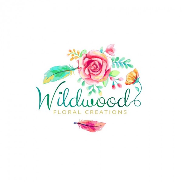 the words “Wildwood floral creations” with a colorful pink and green flower